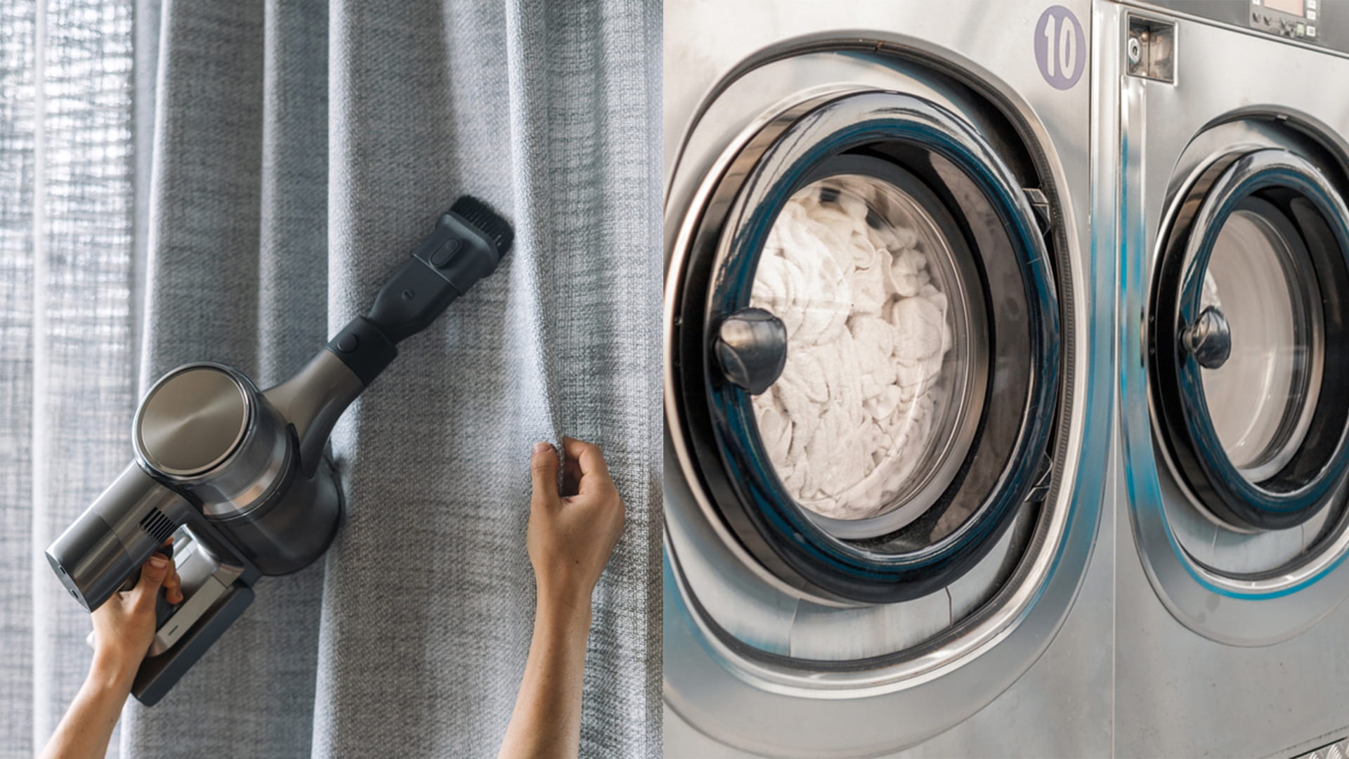 Image showing two professional curtain cleaning methods. On one side, we have steam cleaning, and on the other, it's dry cleaning using a specialised machine.