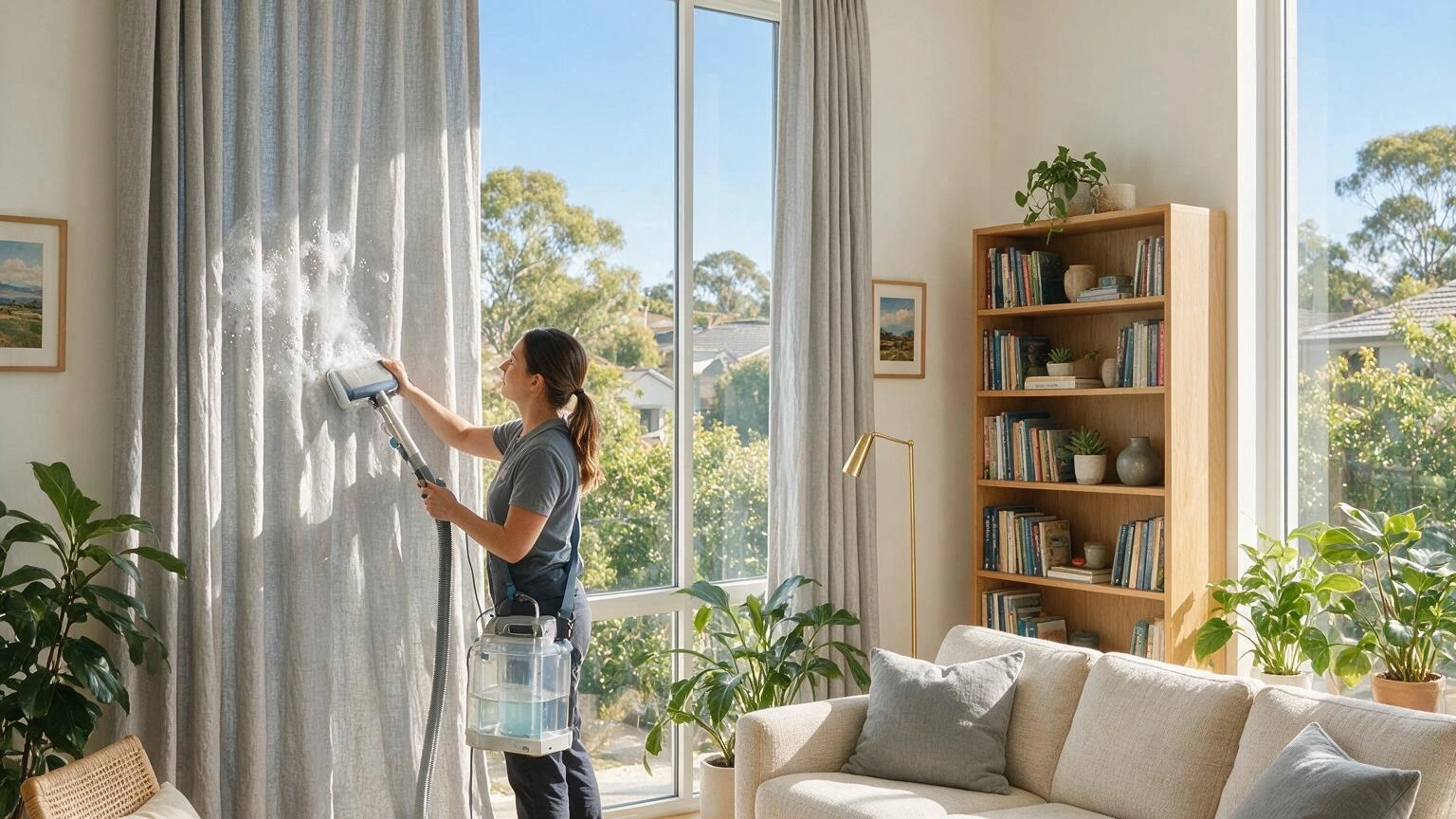 Professional eco-friendly curtain cleaning in a bright living room