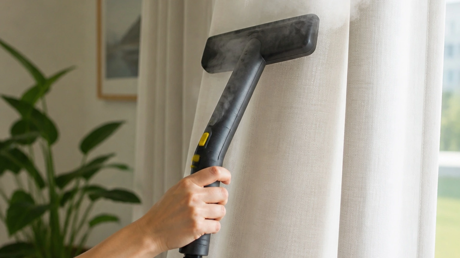 Eco-friendly steam cleaning of curtains using a handheld steam cleaner