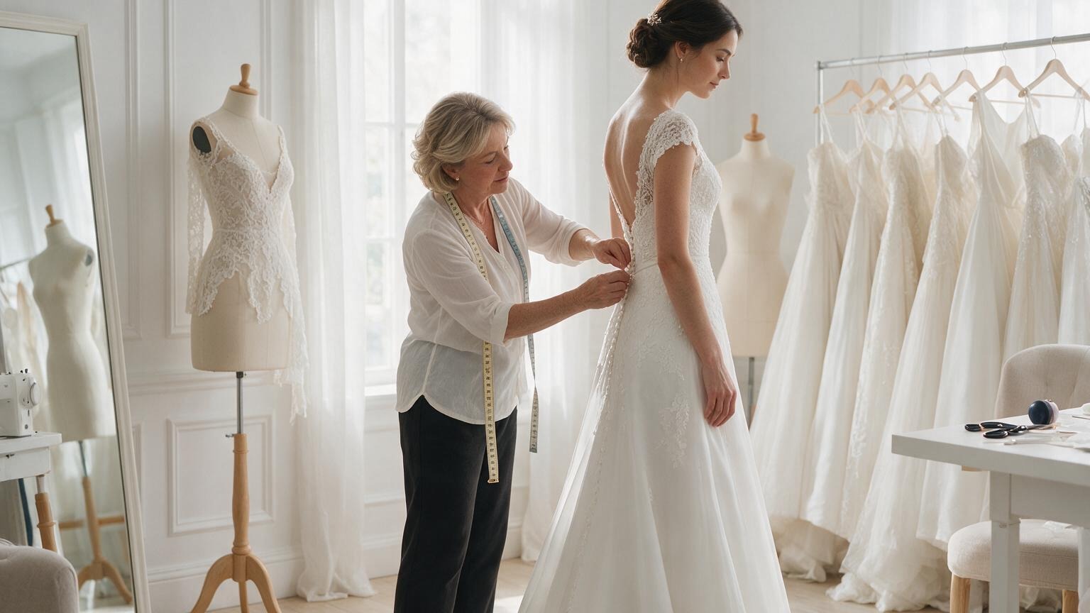 Wedding dress alteration service with a professional tailor fitting a bridal gown on a bride
