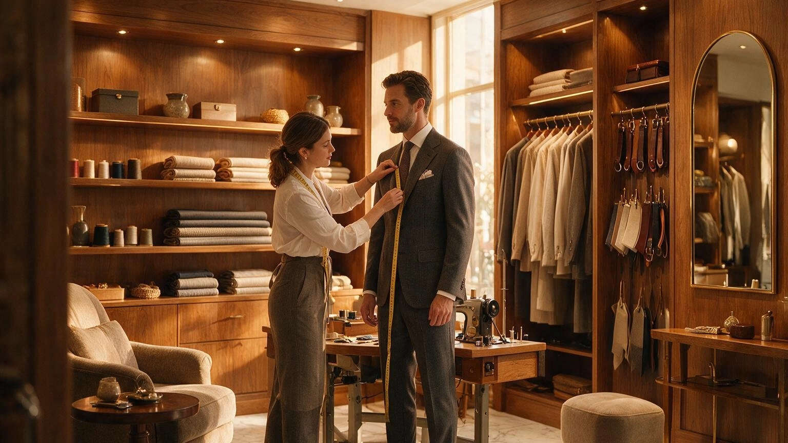 Professional tailor measuring a customer for a custom suit fitting and clothing alteration service at Opal Alterations .