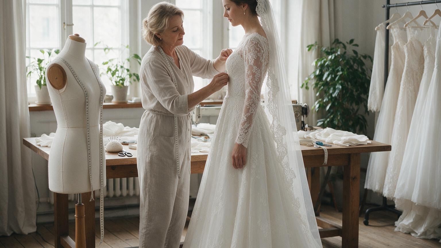 Bridal dress alteration fitting with a tailor adjusting a wedding gown on a bride in a tailoring studio