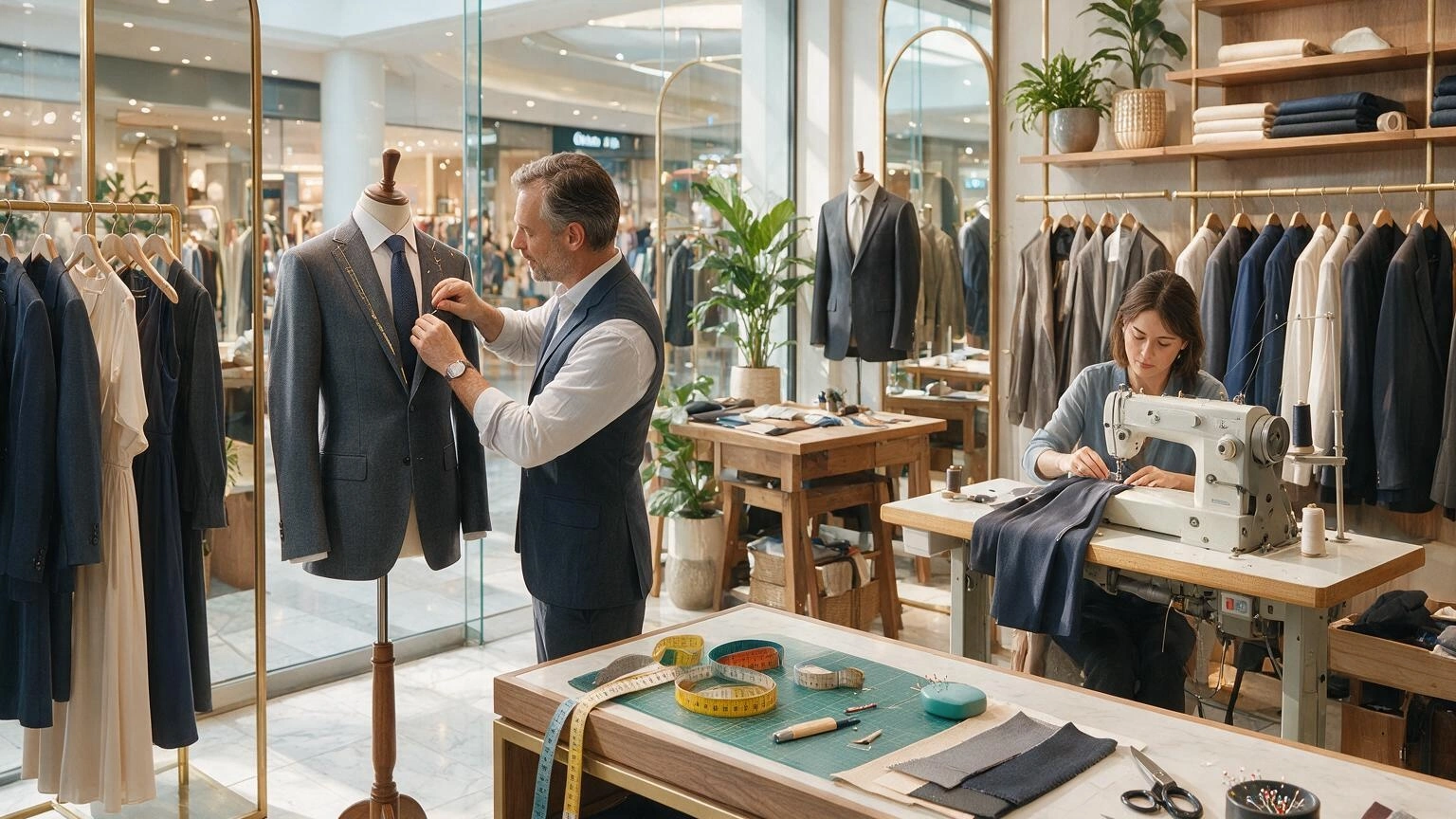 Professional tailor adjusting a men's suit while a seamstress performs clothing alterations at Opal Alterations in Canberra Centre.