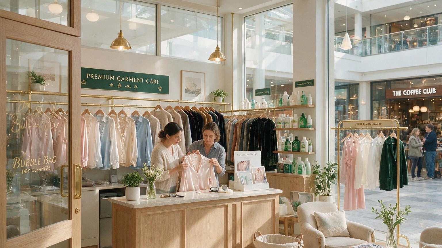 Professional dry cleaning service at a modern garment care store in Canberra Centre with staff inspecting delicate clothing and neatly displayed garments.