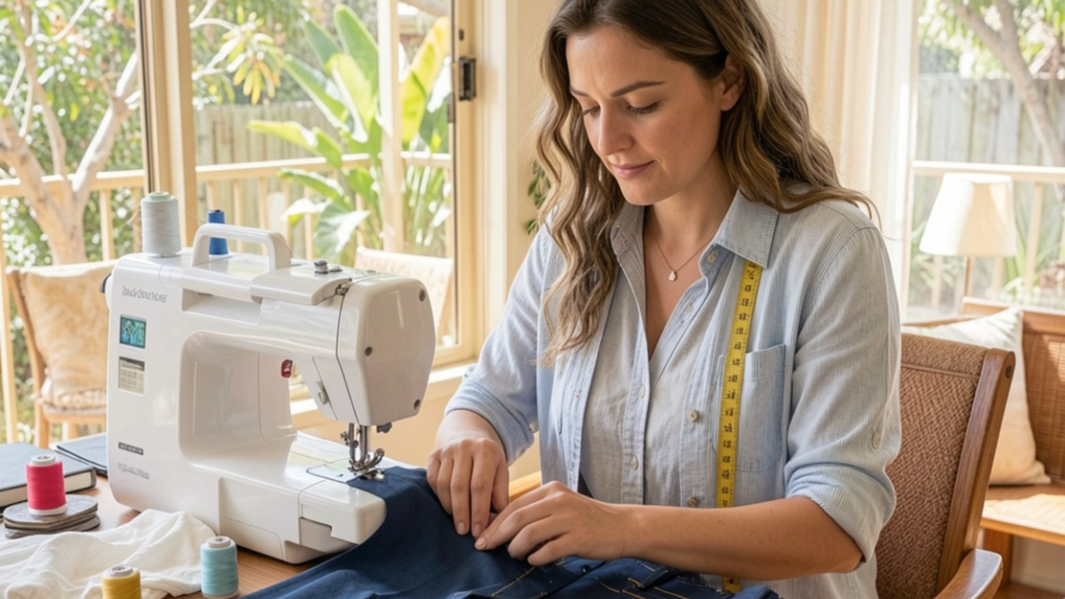 Tailor providing mobile alteration service while sewing dark denim at home
