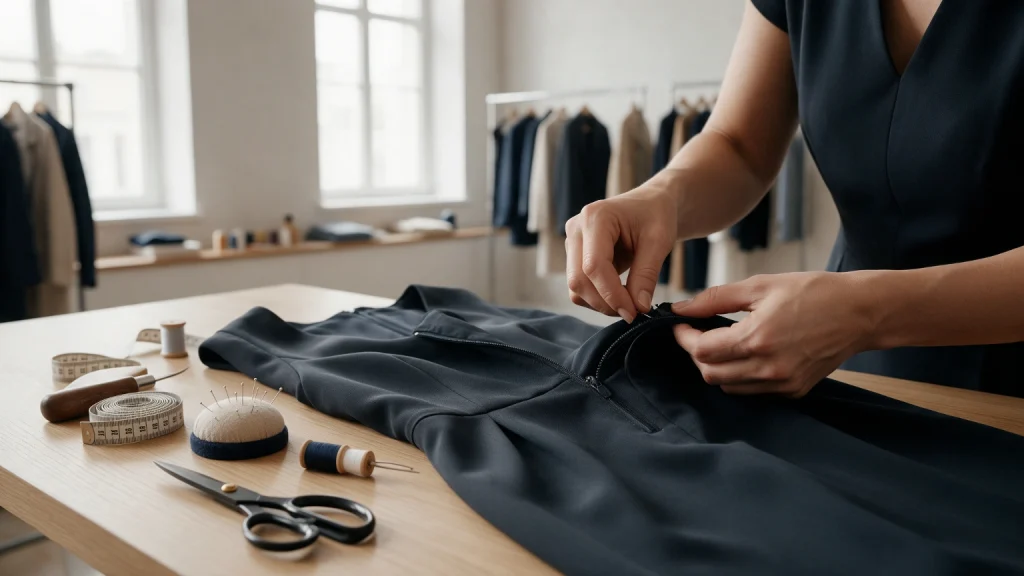 Seamstress hand-repairing a broken zip on a navy garment at alteration table .
