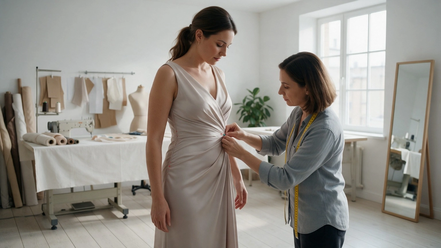 Tailor pinning the waist of a taupe wrap dress during a post weight loss alteration fitting.