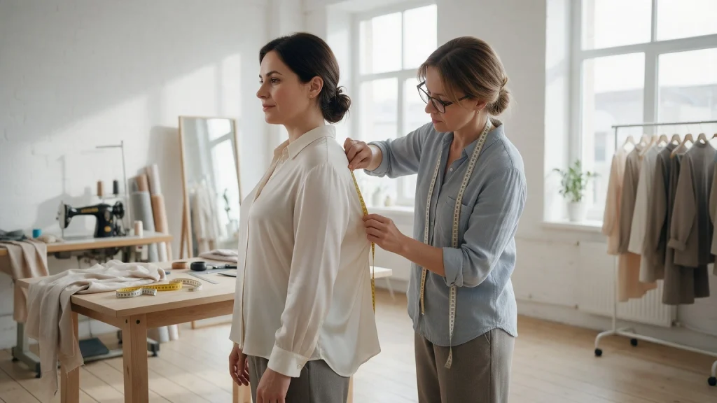 Seamstress measuring the back of a cream garment to resize clothing after weight loss