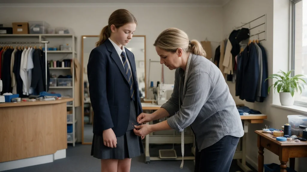 seamstress fitting and pinning a school skirt hem on a girl in a navy blazer.