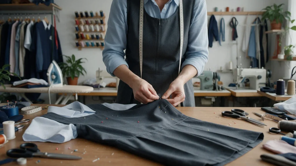 Tailor pinning the hem of a grey school pinafore dress on a workbench in a sewing studio.