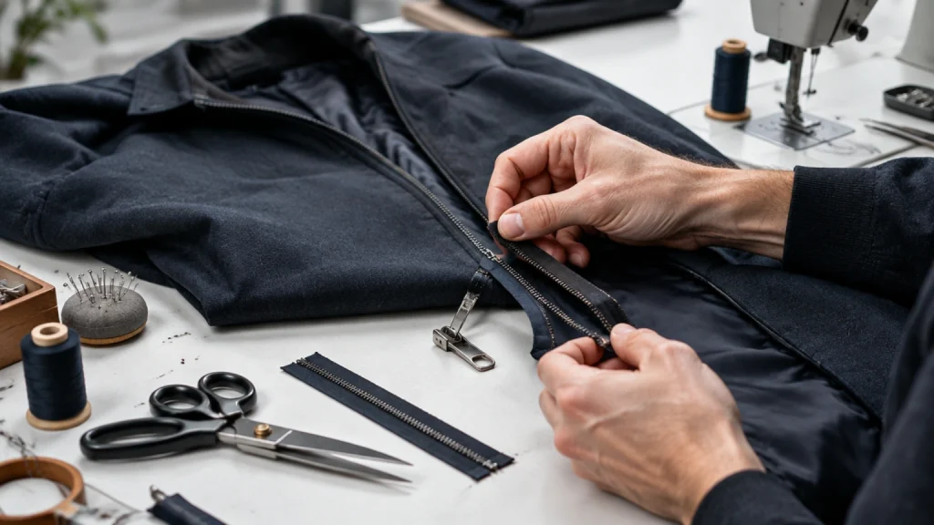 Tailor replacing broken zipper on navy jacket using new zip teeth and sewing tools .
