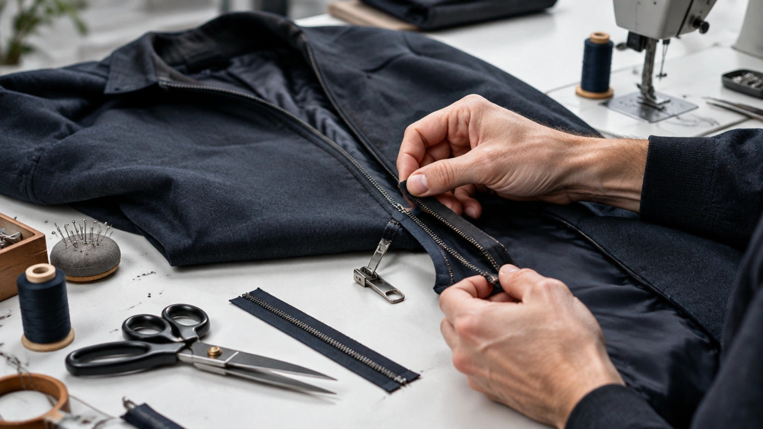 Tailor replacing broken zipper on navy jacket using new zip teeth and sewing tools .