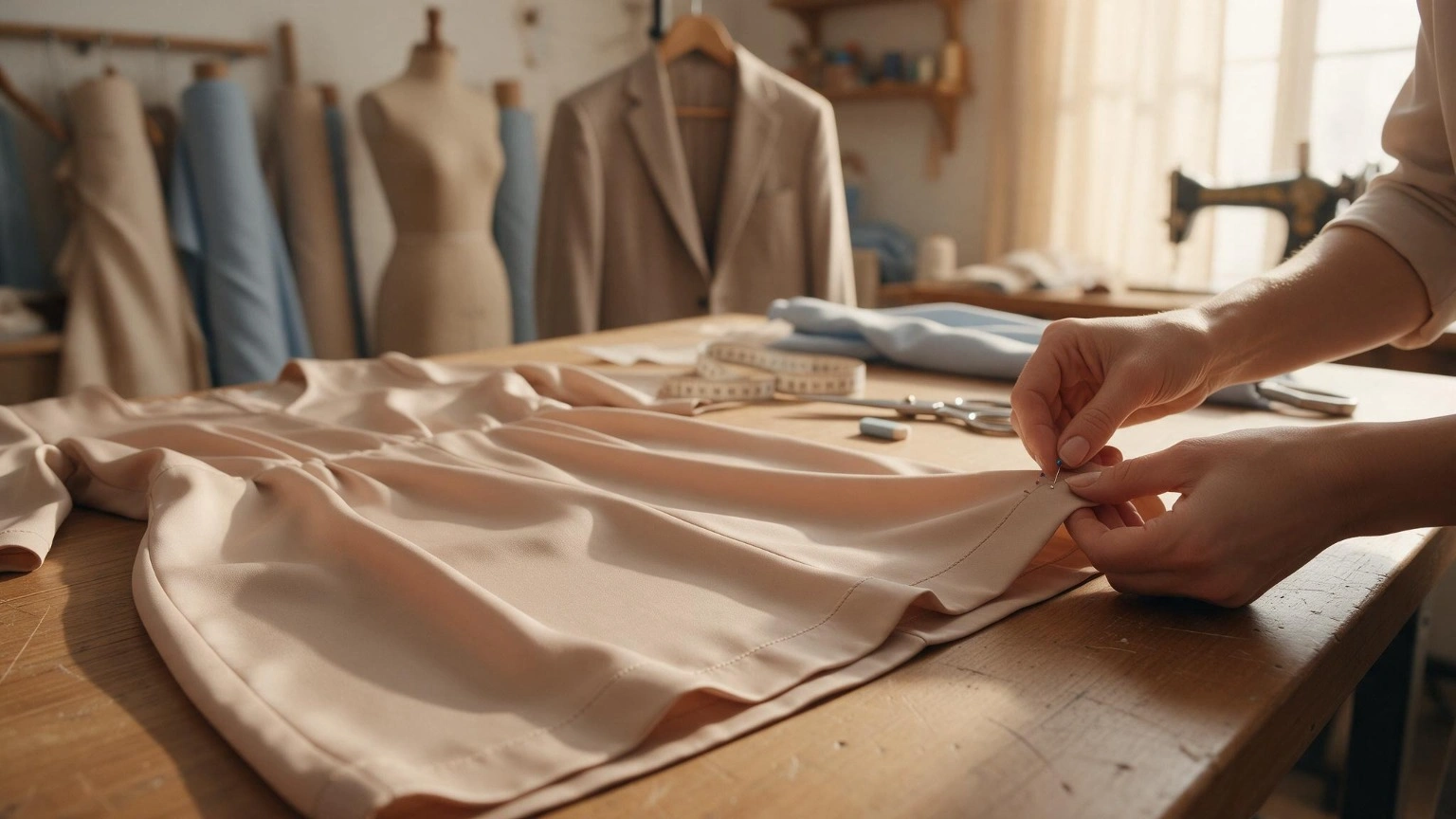 Tailor pinning the hem of a nude beige dress on a workbench for clothing alterations