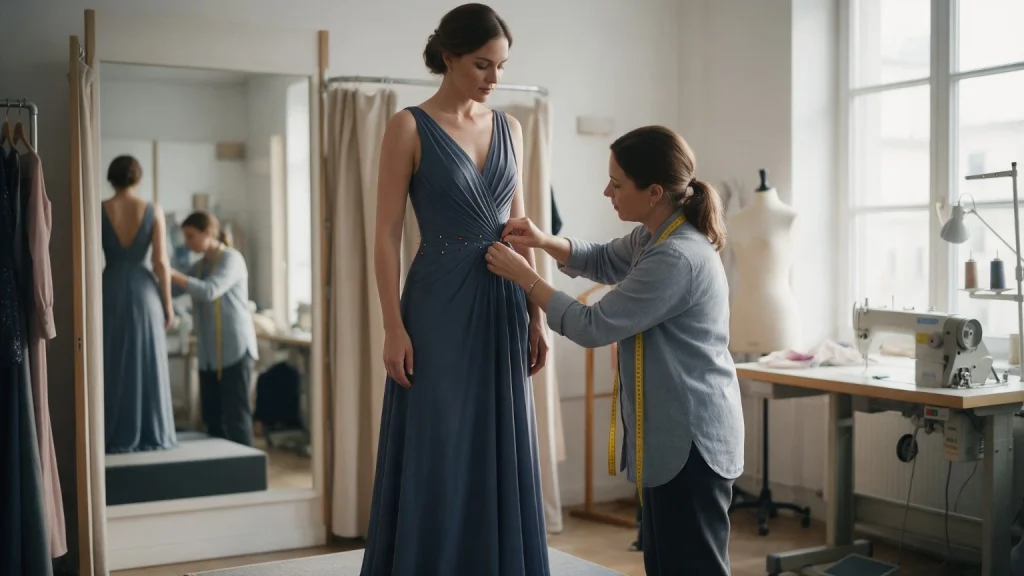 Seamstress pinning the waist of a slate blue gown on a client during a formal dress alterations fitting.
