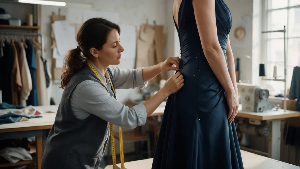 Seamstress pinning the waist of a navy evening gown during formal dress alterations in a bright sewing studio.