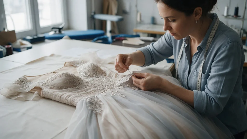 Tailor hand-stitching beaded lace detail on a formal dress as part of a custom alteration.