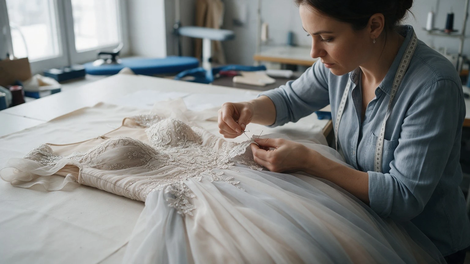 Tailor hand-stitching beaded lace detail on a formal dress as part of a custom alteration.